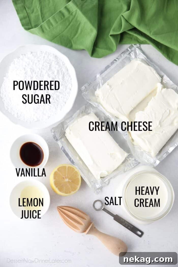 Oven-Free Cheesecake Delight 6 Ingredients for no bake cheesecake filling: cream cheese, powdered sugar, salt, vanilla, lemon juice, and heavy cream.