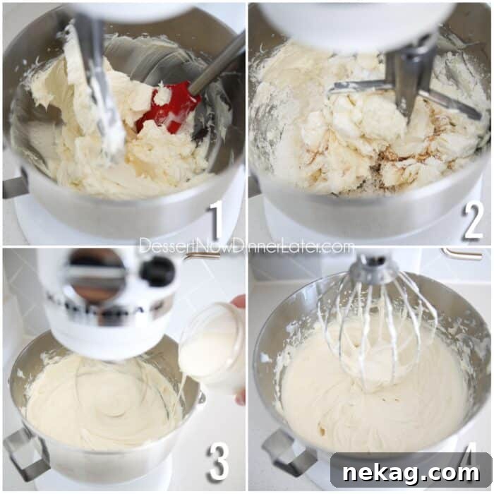 Oven-Free Cheesecake Delight 7 Collage steps to make no bake cheesecake filling. 1- Beat cream cheese in stand mixer with paddle attachment. 2- Add powdered sugar, salt, vanilla, and lemon juice. Mix. 3- Switch to whisk and slowly add heavy cream while mixing. 4- Whip until filling is thick and stiff.