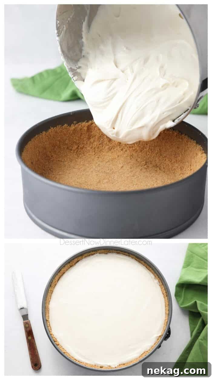 Oven-Free Cheesecake Delight 8 Collage. Top: Empty no bake cheesecake filling into graham cracker crust. Bottom: Smooth with a spatula.