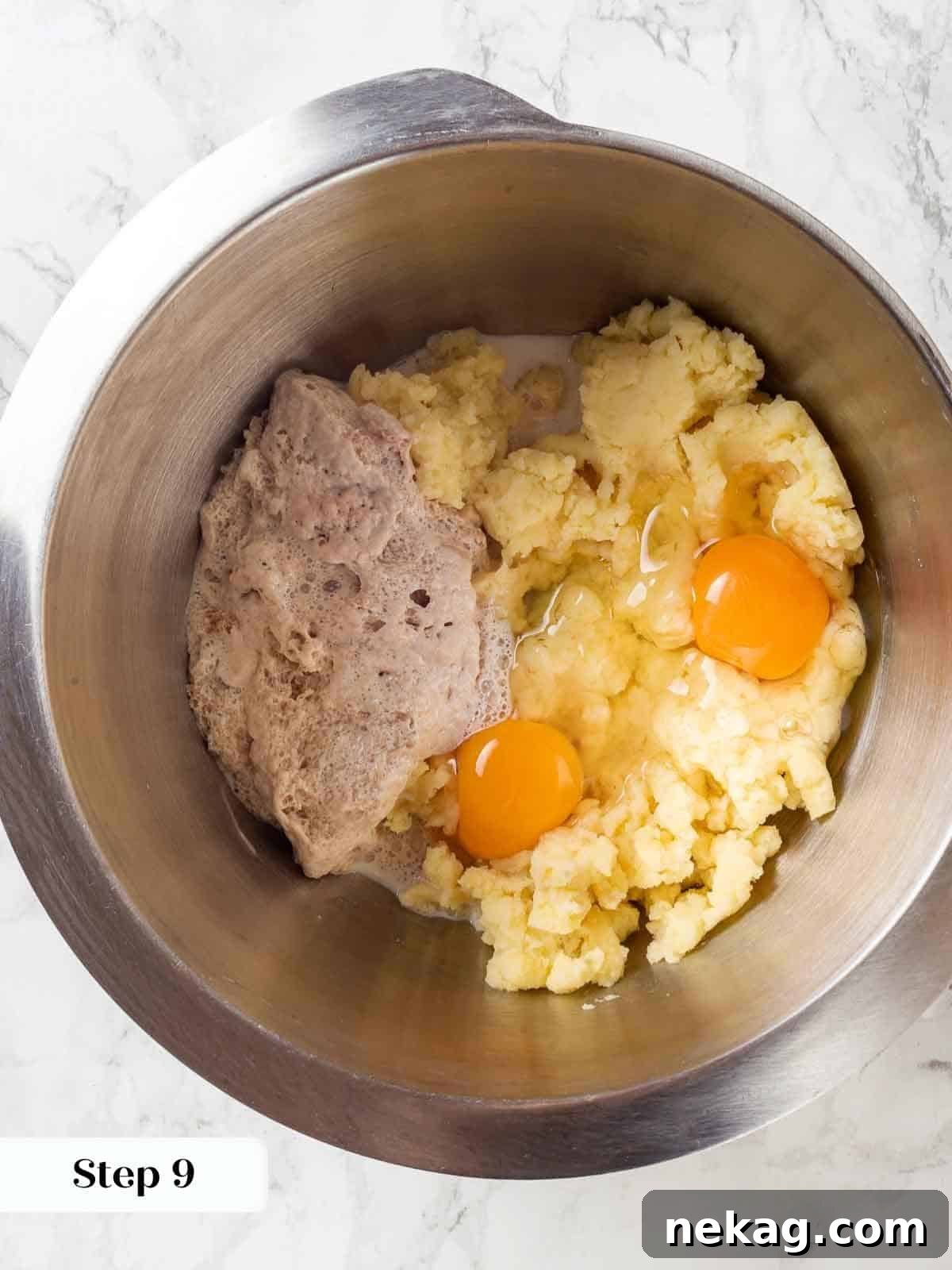 Tender Potato Loaf 8 A bowl with mashed potatoes, eggs, and yeast, ready to be mixed.