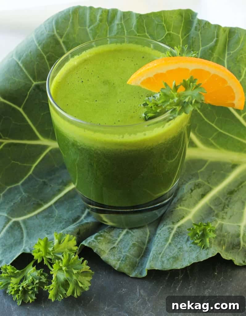 A freshly filled bottle of Kale Power Juice on a wooden surface, ready for consumption or storage