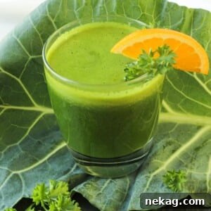 A tall glass of Kale Power Juice, vibrant green and inviting
