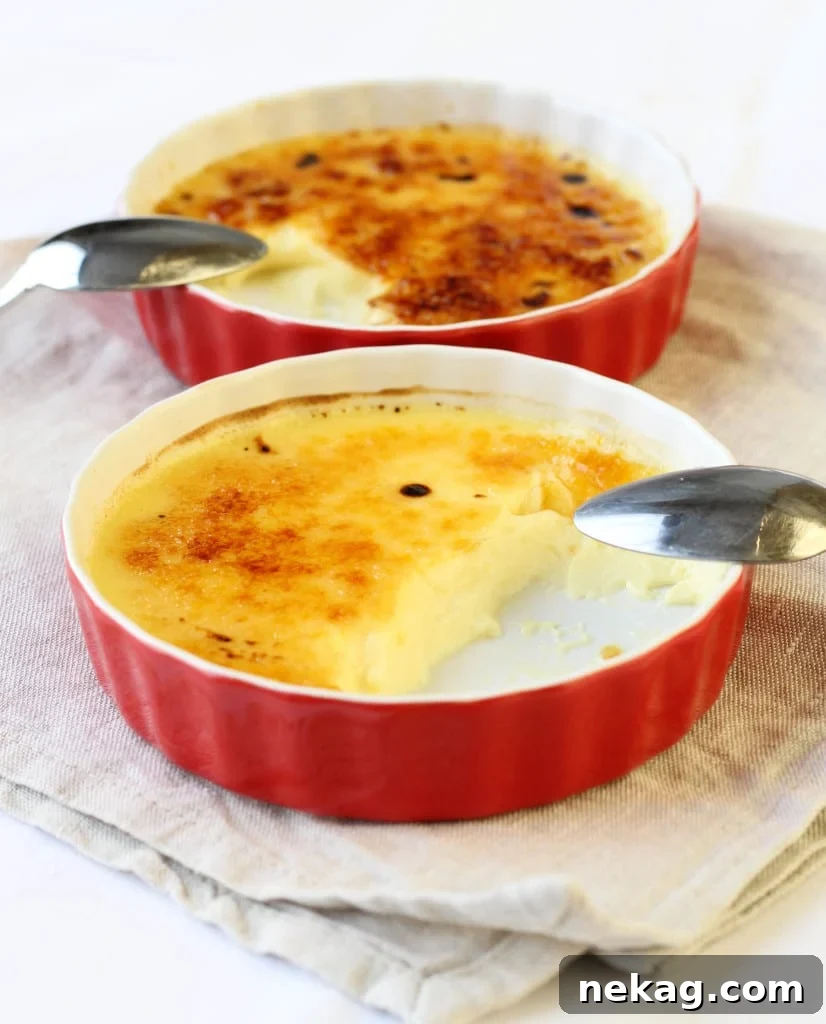 Smooth, creamy Crème Brûlée custard in a ramekin, after baking.