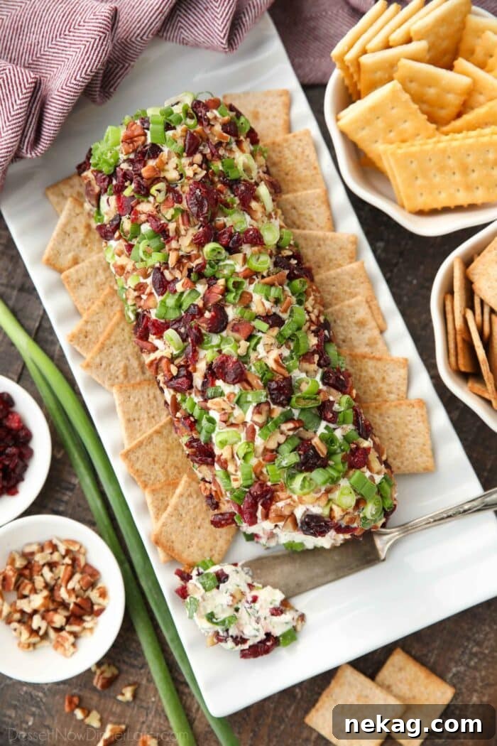 An overhead shot of a cranberry pecan cheeseball shaped into a log, artfully arranged on a platter with an assortment of crackers.