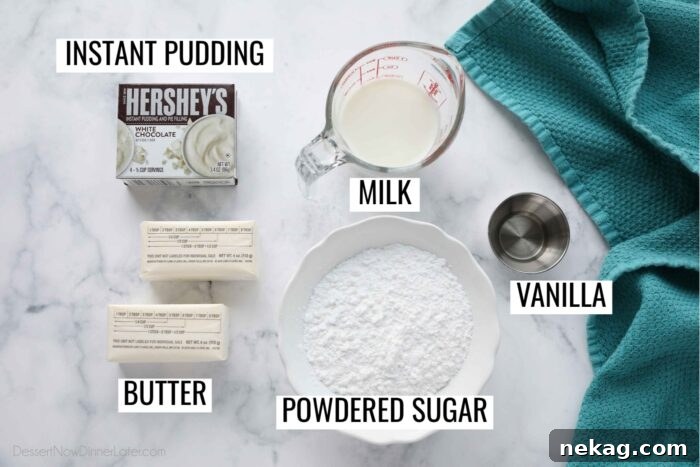 Delicious Pudding Buttercream Frosting Recipe 5 Ingredients for pudding frosting: Instant pudding, milk, butter, powdered sugar, and vanilla.