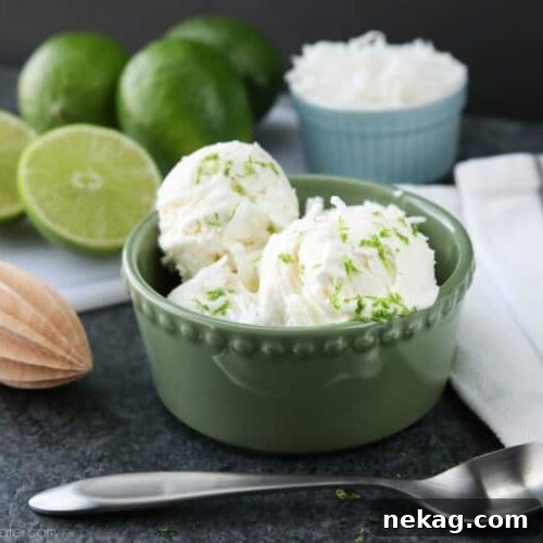 Easy Coconut Lime Ice Cream in a bowl with a spoon
