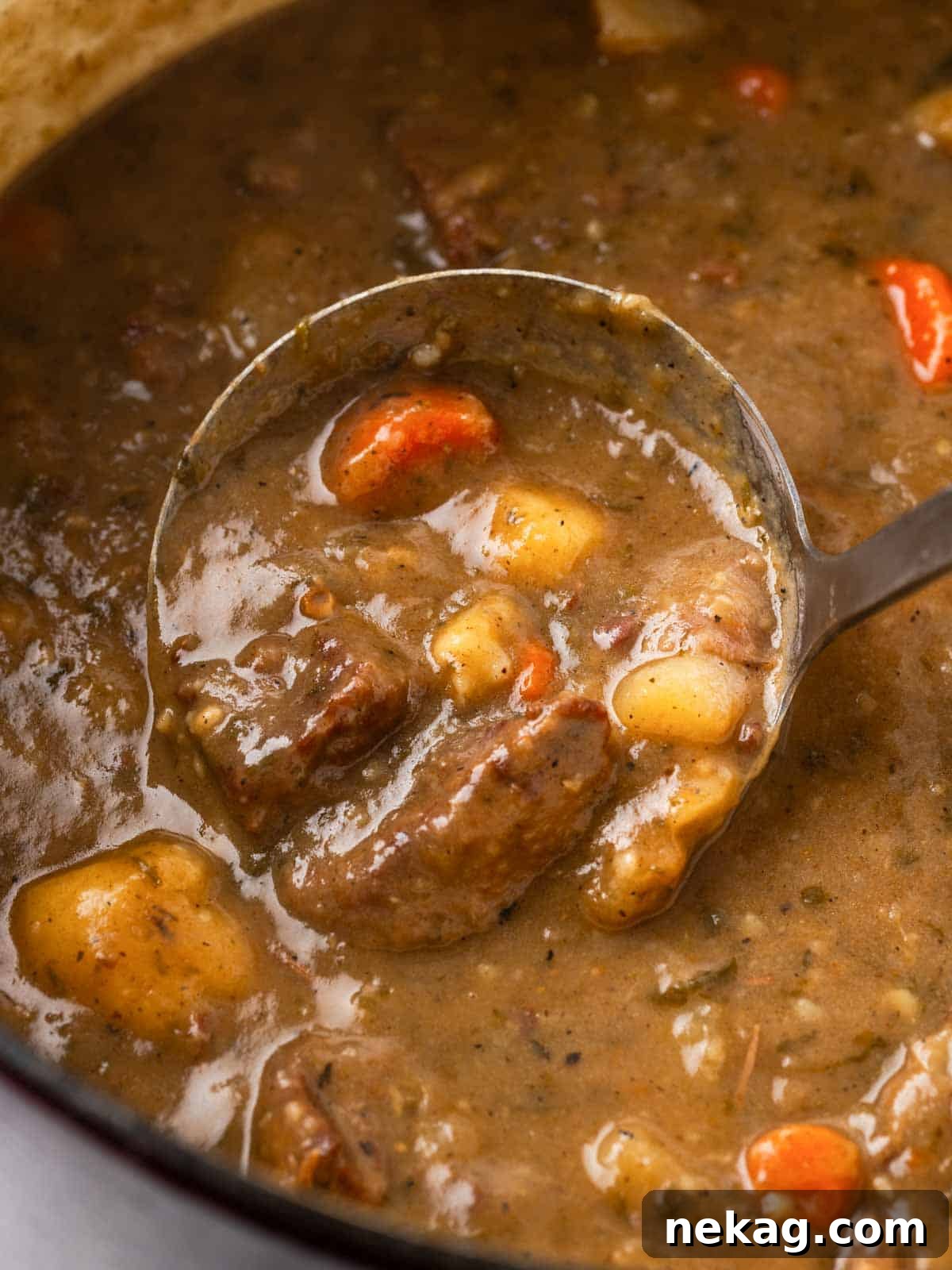 Scoop of beef stew in a ladle, highlighting the rich broth and chunky ingredients.