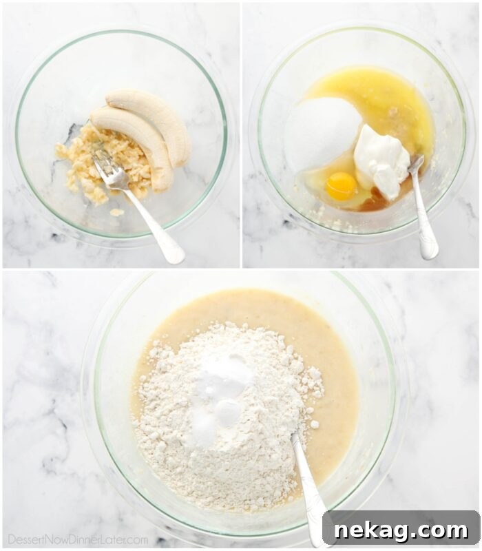 Berry-Kissed Banana Bread 4 Mashing bananas in a large bowl, the first step in making the one-bowl sour cream banana bread.