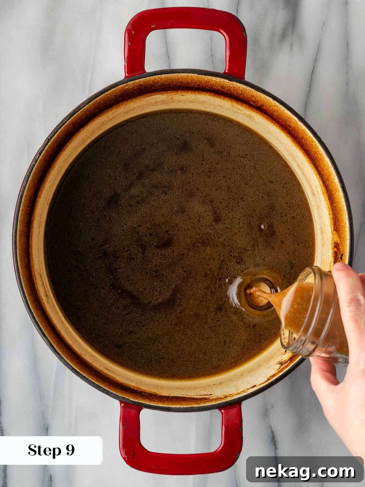 thickening the rich jus with a cornstarch slurry for gravy.