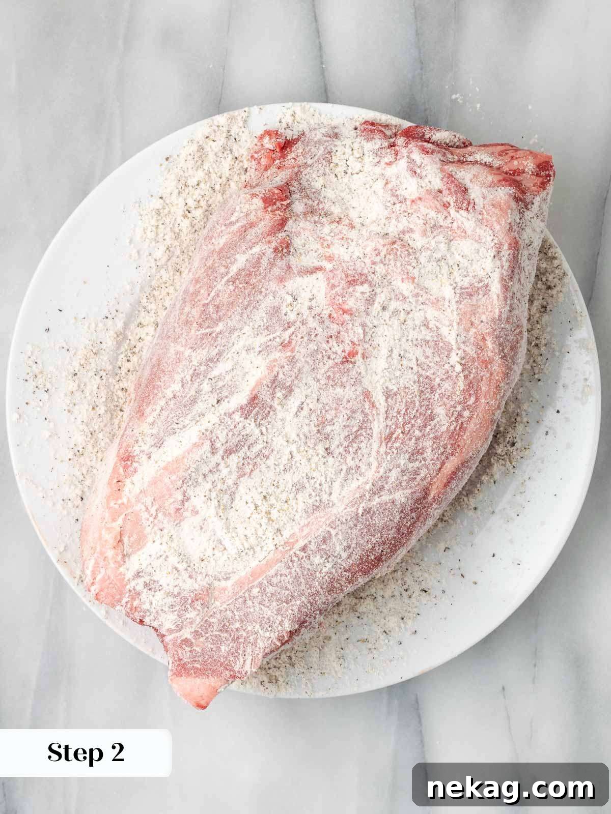 flour coated roast prior to searing, ready for the Dutch oven.