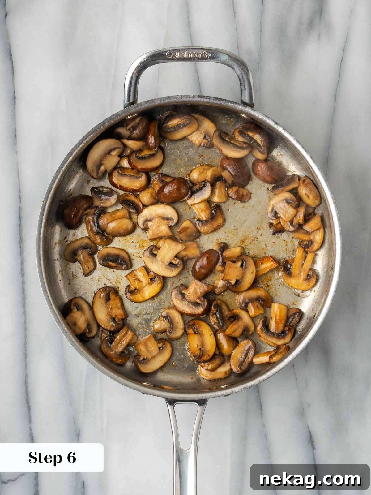sauteing mushrooms in a pan until browned for pot roast.