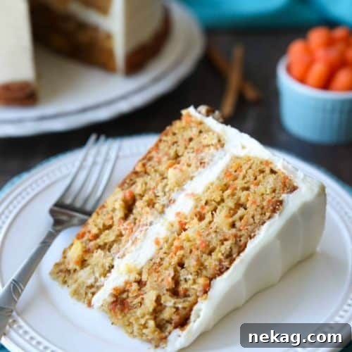 A complete easy carrot cake, ready to be sliced and served.