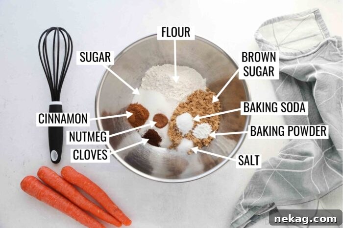Decadent Carrot Cake Cheesecake Bars 6 Bowl of labeled dry ingredients for Carrot Cake Cheesecake Bars: flour, sugars, baking soda, baking powder, salt, and spices.
