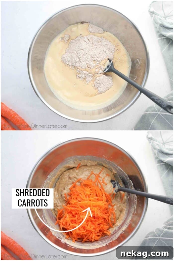 Decadent Carrot Cake Cheesecake Bars 8 Two-image collage: Top image shows wet and dry ingredients being mixed, bottom image shows shredded carrots added to the batter.