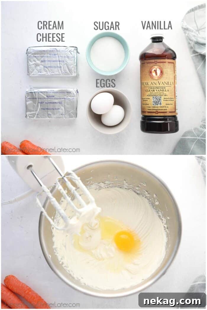 Decadent Carrot Cake Cheesecake Bars 9 Two-image collage: Top image shows labeled cheesecake ingredients, bottom image shows cheesecake batter being made with a hand mixer.