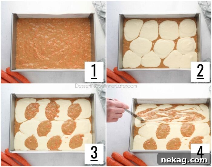 Decadent Carrot Cake Cheesecake Bars 10 Four recipe steps: 1- Carrot cake batter spread in pan, 2- Dollops of cheesecake batter added, 3- Dollops of carrot cake batter added, 4- Swirling batter with a knife.
