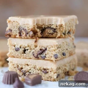 Close-up thumbnail of a Reese's Peanut Butter Blondie, showcasing the rich topping.