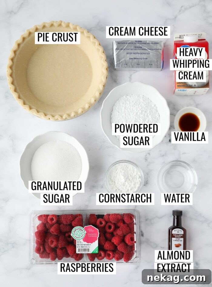 Labeled ingredients needed to make Raspberry Cream Pie.