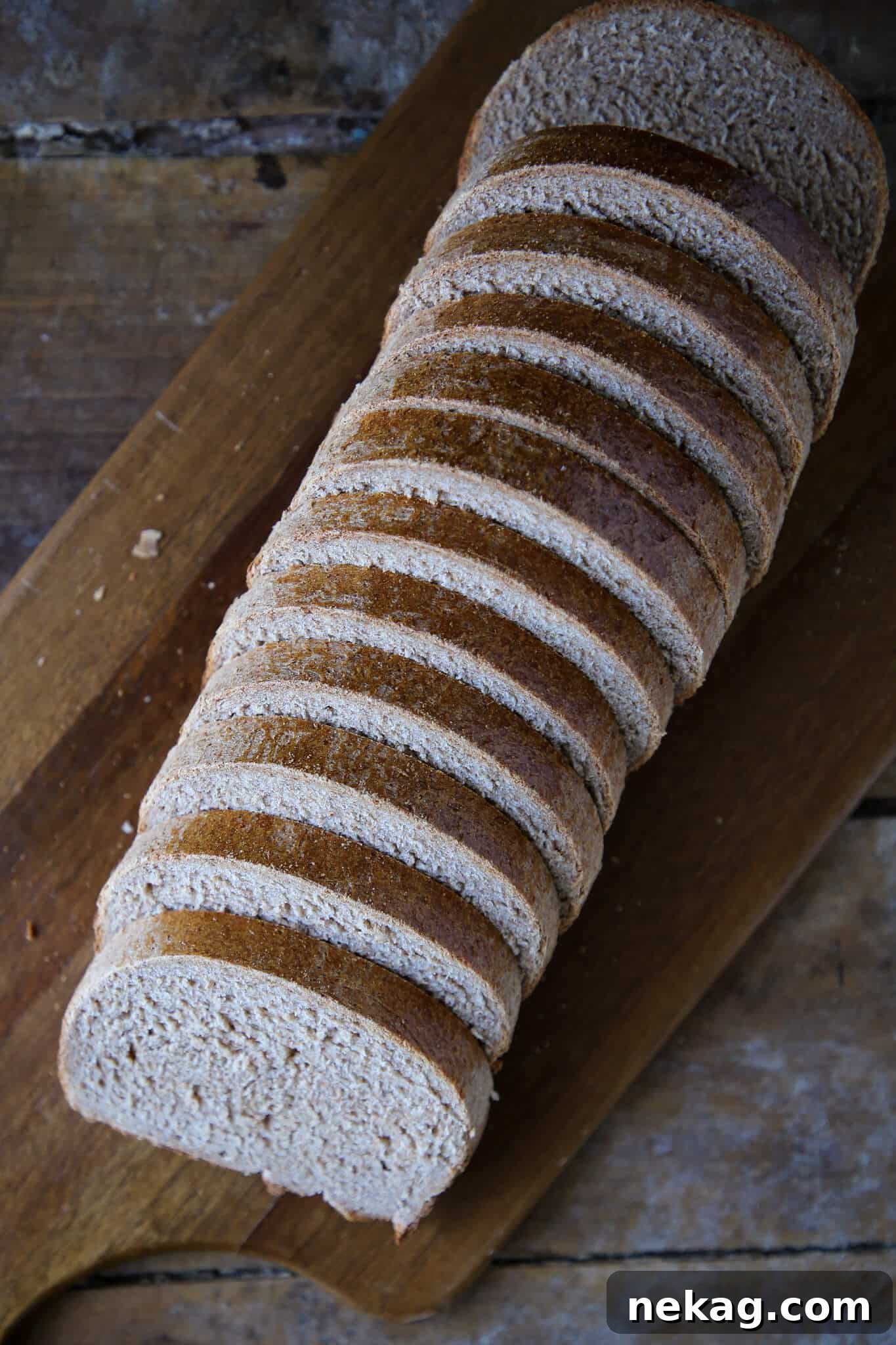 Whole Wheat Breadmaking 6 Thinly sliced whole wheat bread arranged artfully, ready to be served.