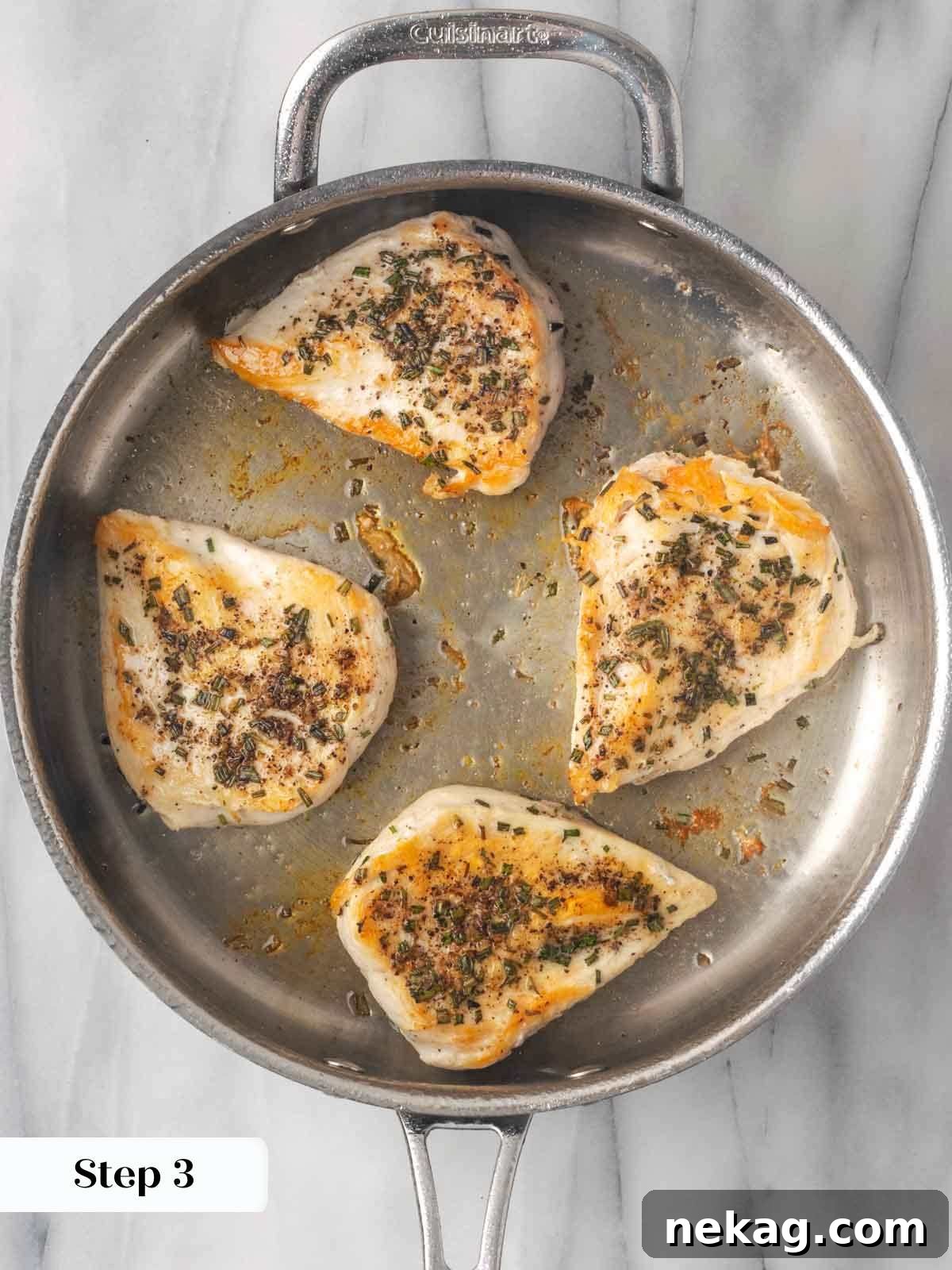 Rustic Marinara Chicken Bake 6 perfectly seared chicken breasts in the pan.
