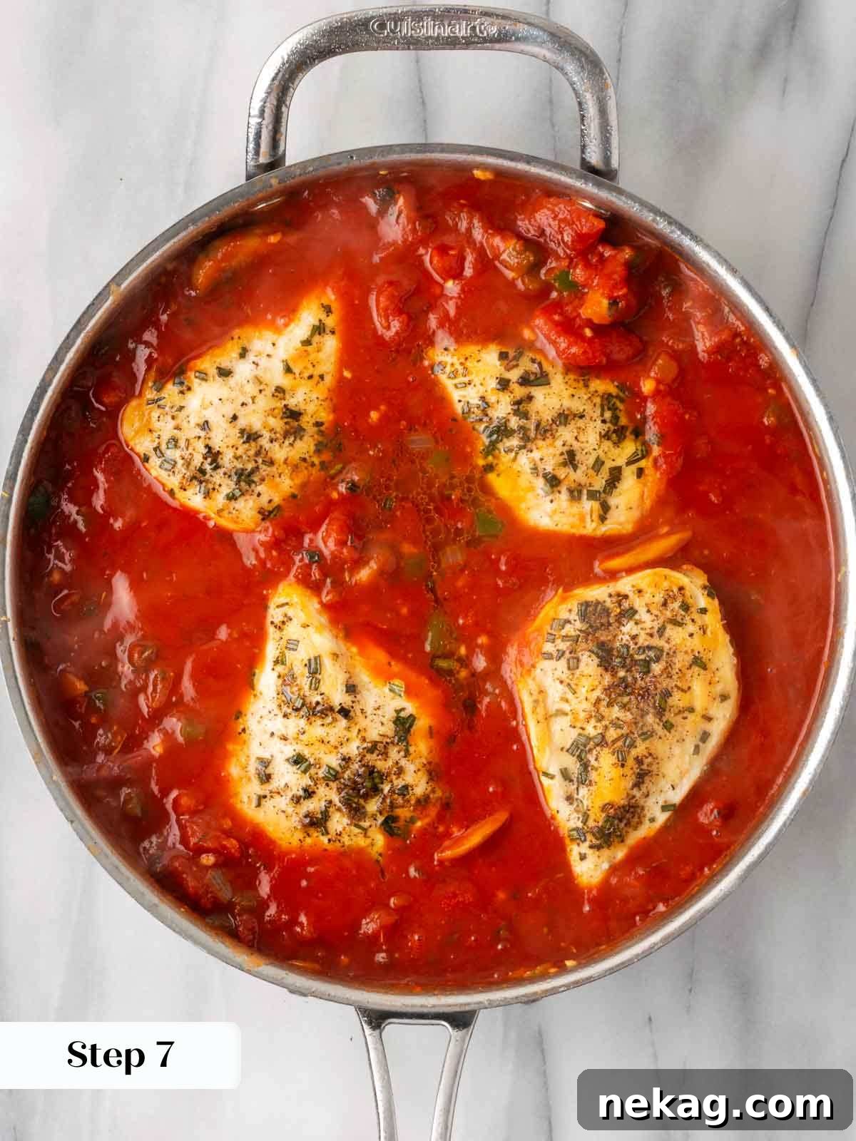 Rustic Marinara Chicken Bake 10 chicken baking in marinara sauce in the oven.