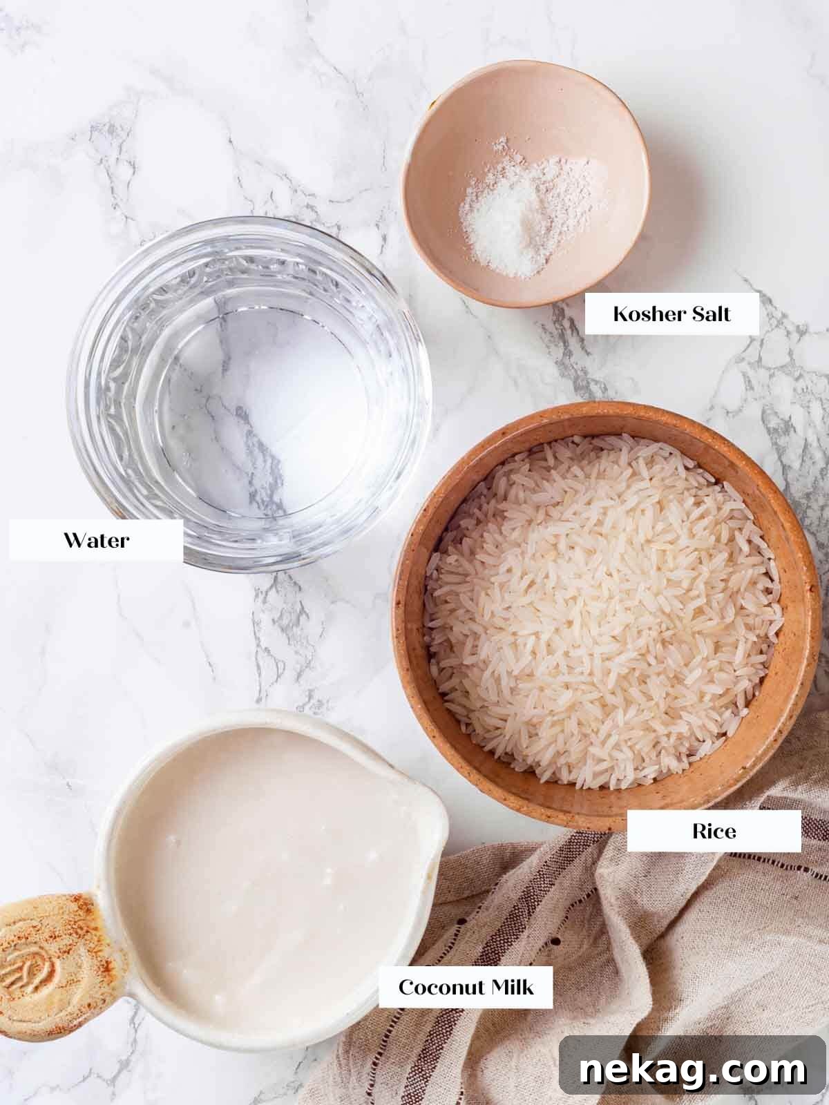 Ingredients specifically prepared for the coconut rice component of the shrimp curry.