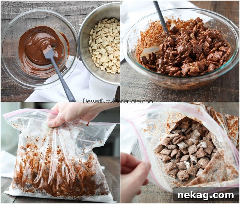 Cereal squares being coated in melted chocolate, peanut butter, and butter mixture for chocolate muddy buddies.