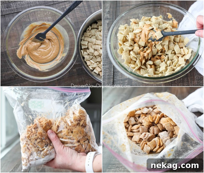 Cereal squares being coated in melted peanut butter chips, peanut butter, and butter for peanut butter buddies.
