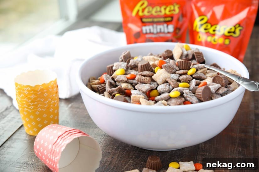 Reese's Muddy Buddies combining chocolate and peanut butter coated cereal with Reese's Pieces and Minis in a large bowl.
