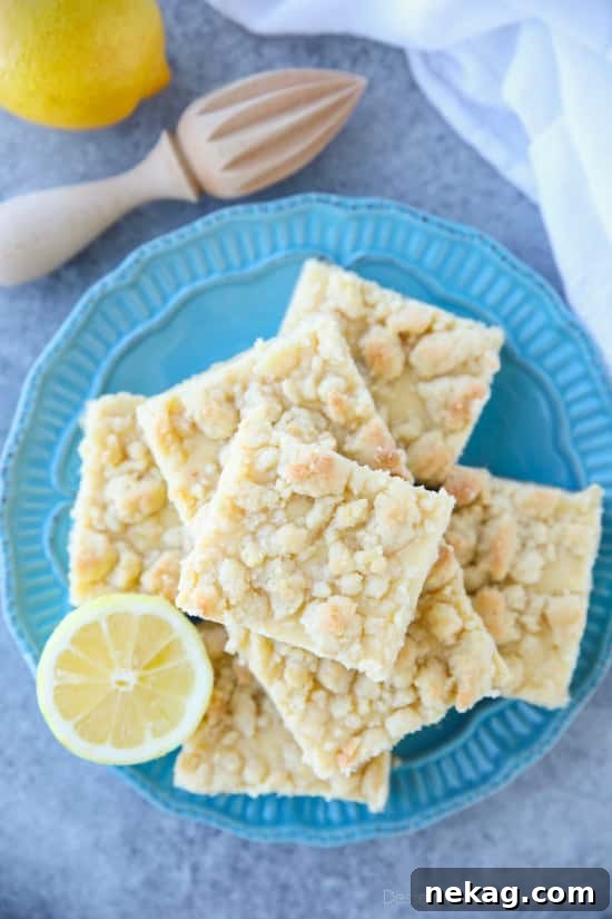 Close-up of a Lemon Crumb Bar showing the layers of crust, lemon filling, and crumb topping.