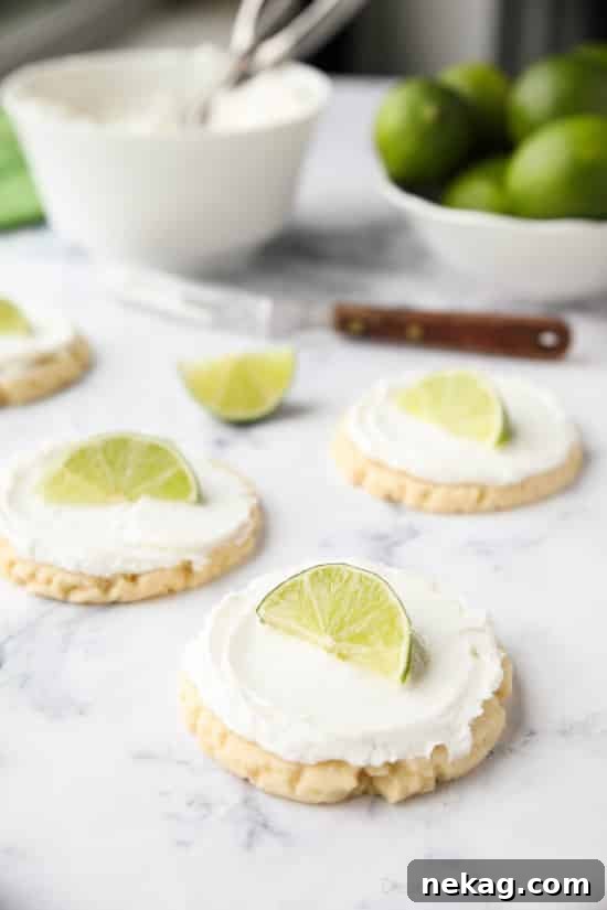 Coconut Lime Sugar Cookies - an easy sugar cookie recipe with a tropical fruit twist. You'll love these moist sugar cookies with a hint of lime, creamy coconut frosting, and a fresh lime wedge to squeeze on top. A Twisted Sugar copycat recipe.