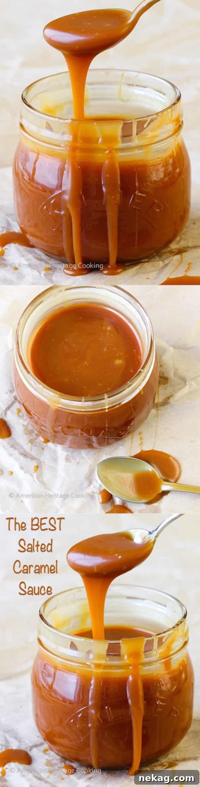 Salted Caramel Indulgence 7 The BEST Homemade Salted Caramel Sauce in a glass jar with a spoon.