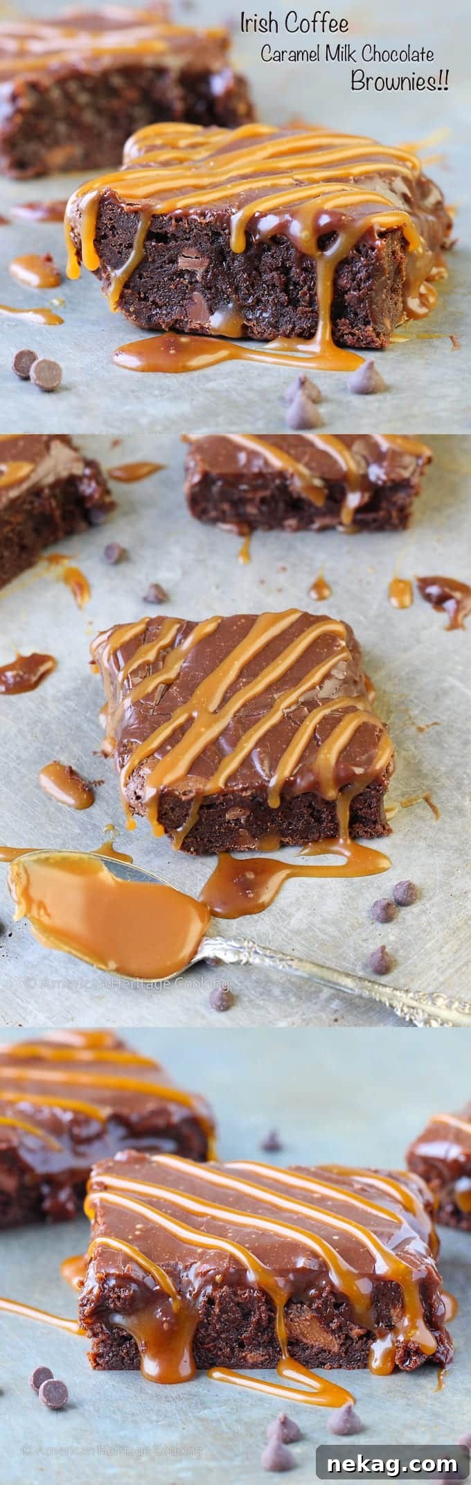 Decadent Caramel Brownies 8 A decadent, fudgy double chocolate coffee brownie with salted caramel inside and drizzled on top of the Bailey's ganache, presented beautifully.