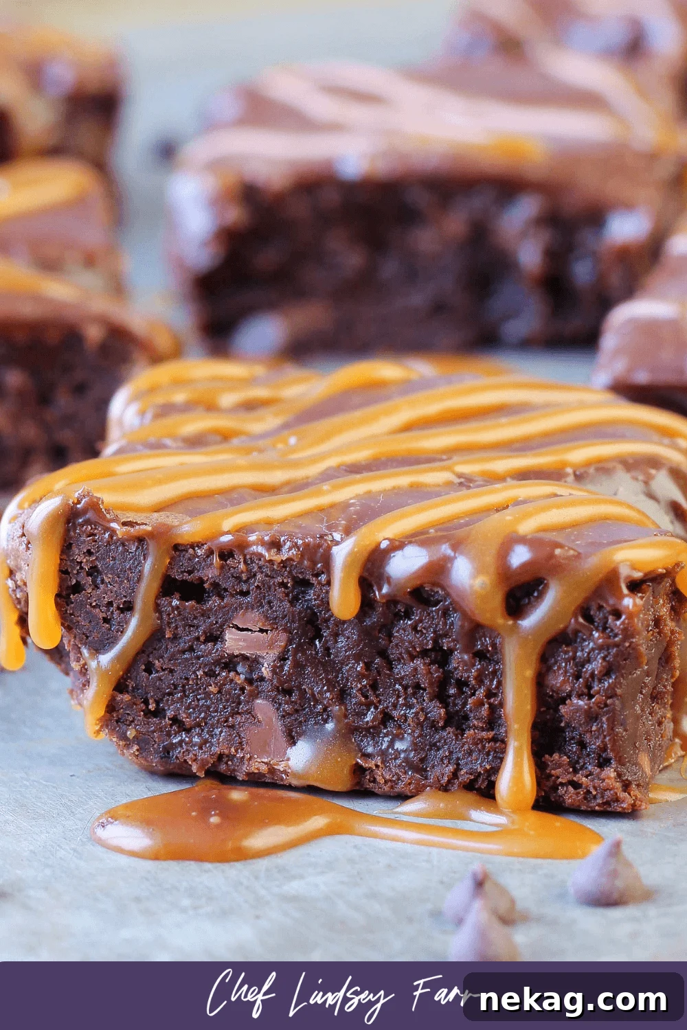 Decadent Caramel Brownies 10 Bailey's Irish Coffee Caramel Milk Chocolate Brownies with a subtle purple border, emphasizing their visual appeal.