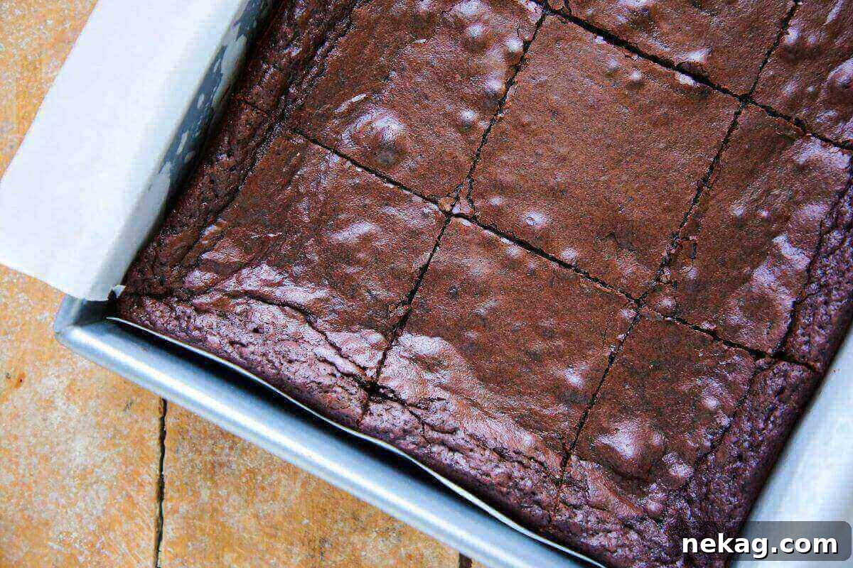 Lazy Day Brownies 5 A pan of perfectly sliced one-bowl brownies on a rustic wooden table, ready to be served.