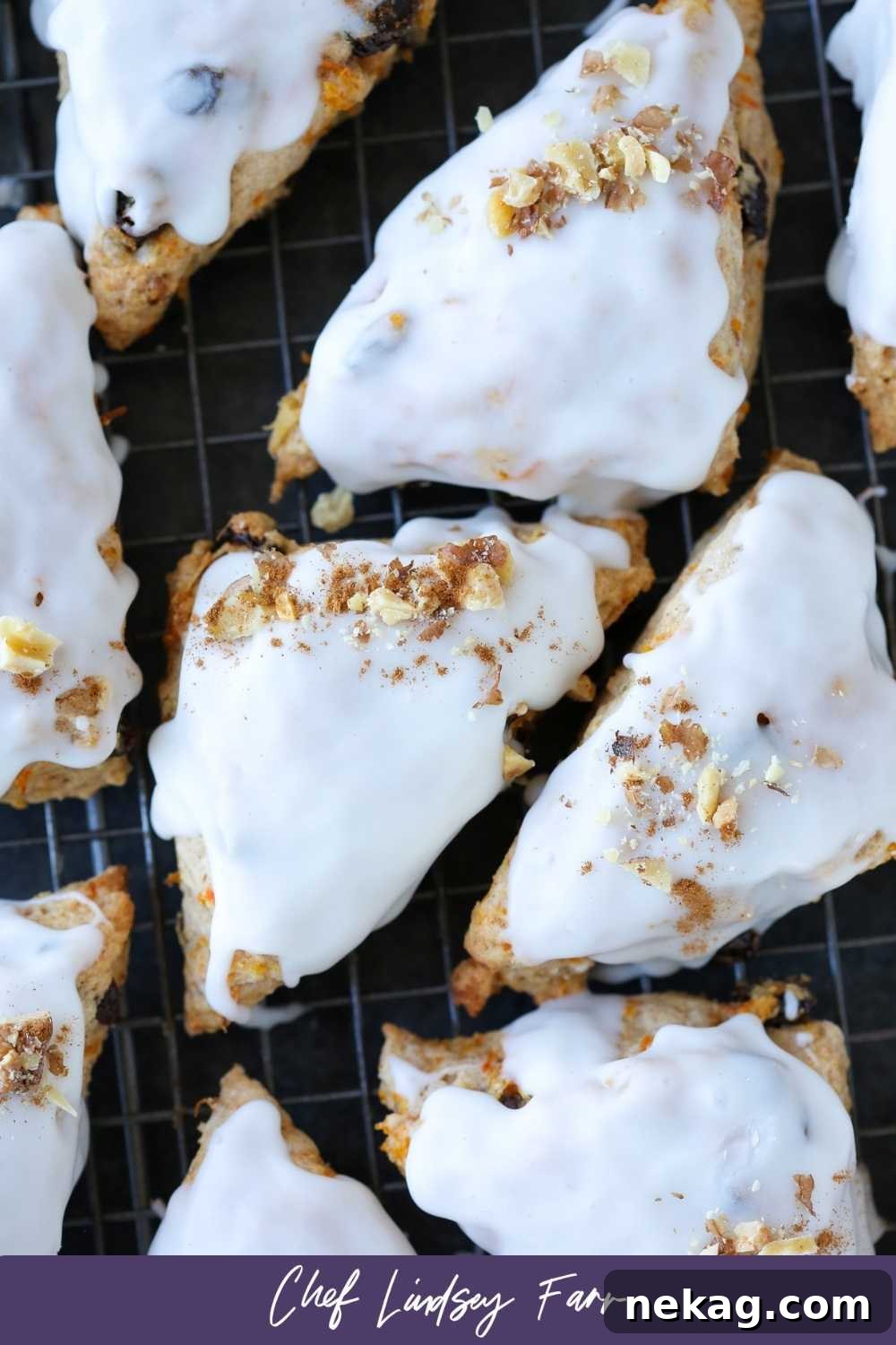 Spiced Carrot Cake Scones 8 Carrot Cake Scones adorned with extra glaze and toppings.
