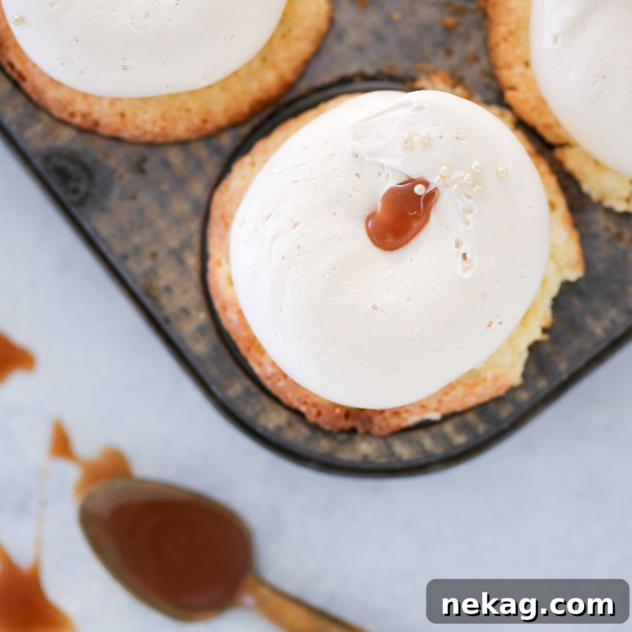 Close-up of a beautifully frosted Caramel Top Dessert