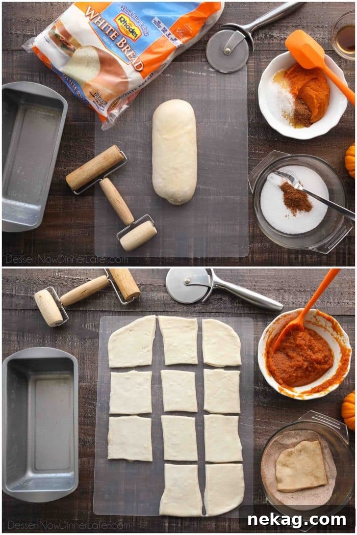 A visual guide showing thawed Rhodes frozen white bread dough flattened into a large rectangle, then expertly cut into twelve squares using a pizza cutter, ready for coating and filling.