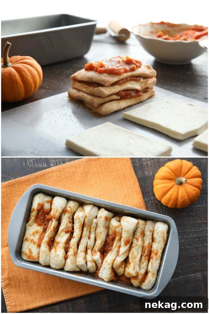 A baker spreading a thick, sweet pumpkin puree mixture onto individual sugar-coated dough squares, preparing them for the layering process in the bread pan.