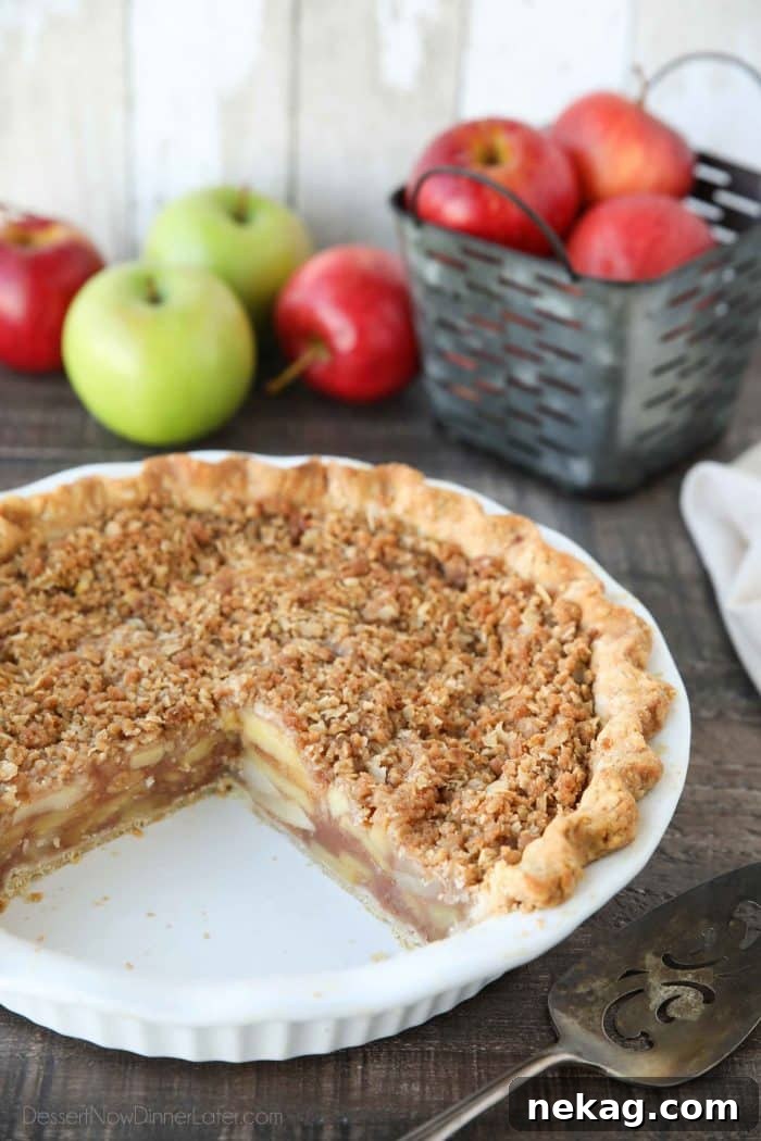 Golden Apple Crumb Delight 3 Close-up of Dutch Apple Pie, highlighting the sweet, buttery crumb streusel topping over the cinnamon-glazed fresh apples in a traditional pie crust.