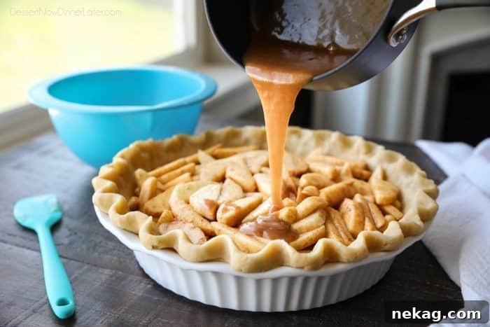 Golden Apple Crumb Delight 5 Cinnamon-sugar glaze being poured over thinly sliced fresh apples, nestled in a prepared pastry crust, forming the rich filling for Dutch Apple Pie.