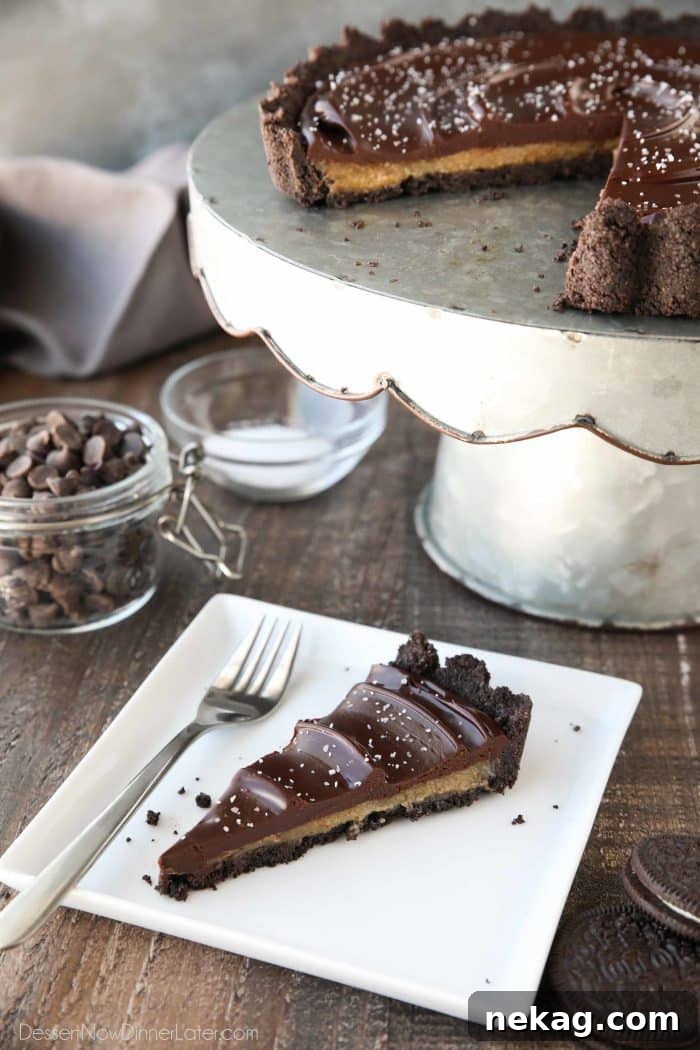 Rich and decadent chocolate caramel tart, incredibly satisfying dessert.