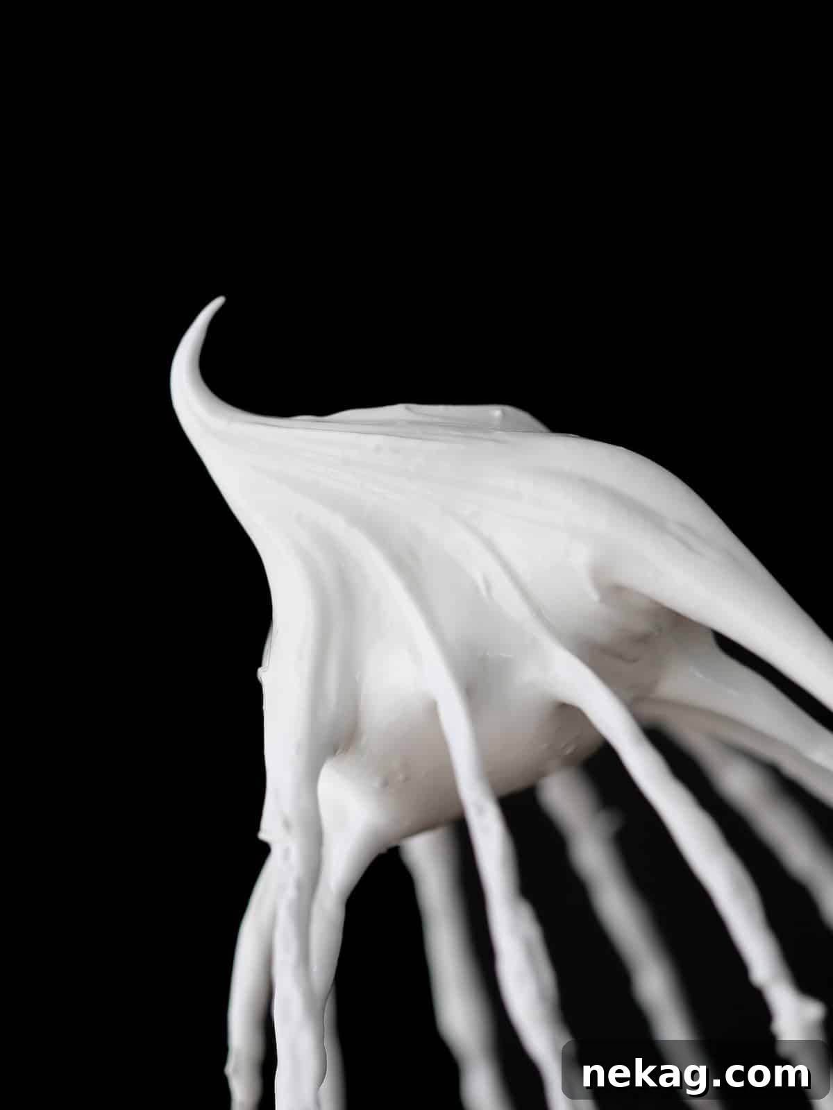 White marshmallow fluff elegantly presented on a whisk against a deep black background.
