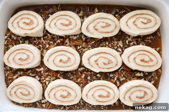Rhodes Frozen Cinnamon Rolls on top of a caramel and pecan mixture.