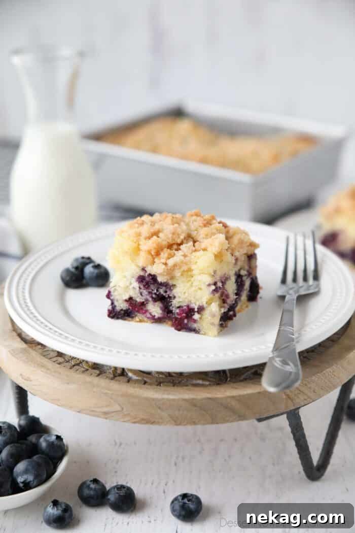 A perfect slice of moist Blueberry Crumb Cake on a plate, adorned with a fork, highlighting its fluffy texture and generous streusel topping.