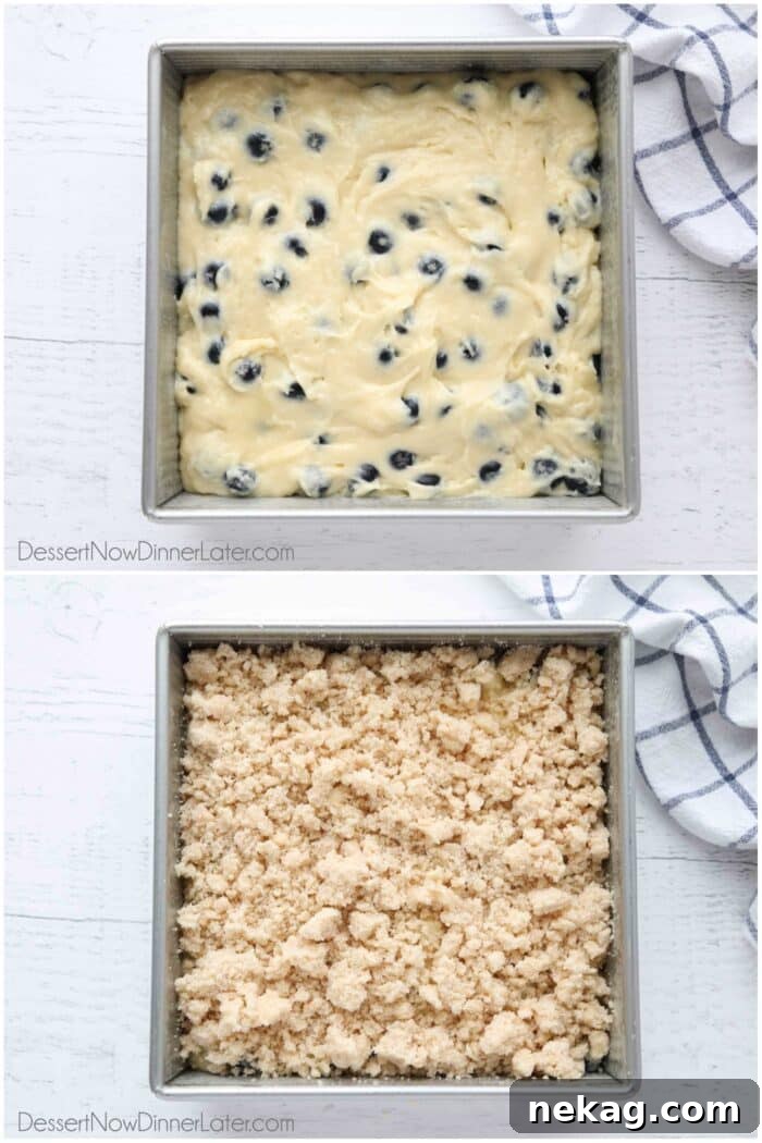 A sequence showing blueberry cake batter spread into a square baking pan, then beautifully topped with the prepared streusel.