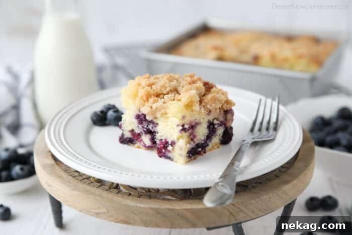 A close-up of a single slice of blueberry streusel coffee cake perfectly presented on a plate, highlighting its vibrant berries and crumbly topping.