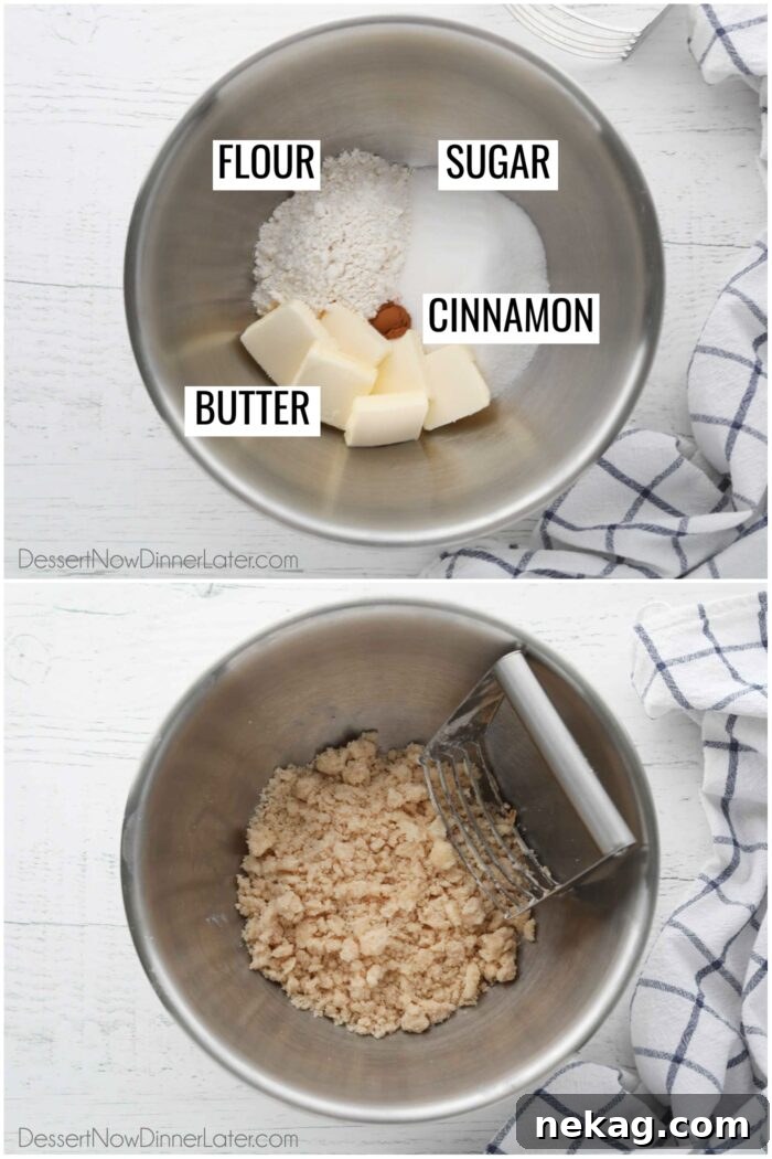 A two-part image showing labeled streusel ingredients in a bowl, followed by the same ingredients mixed together to form the perfect crumbs.