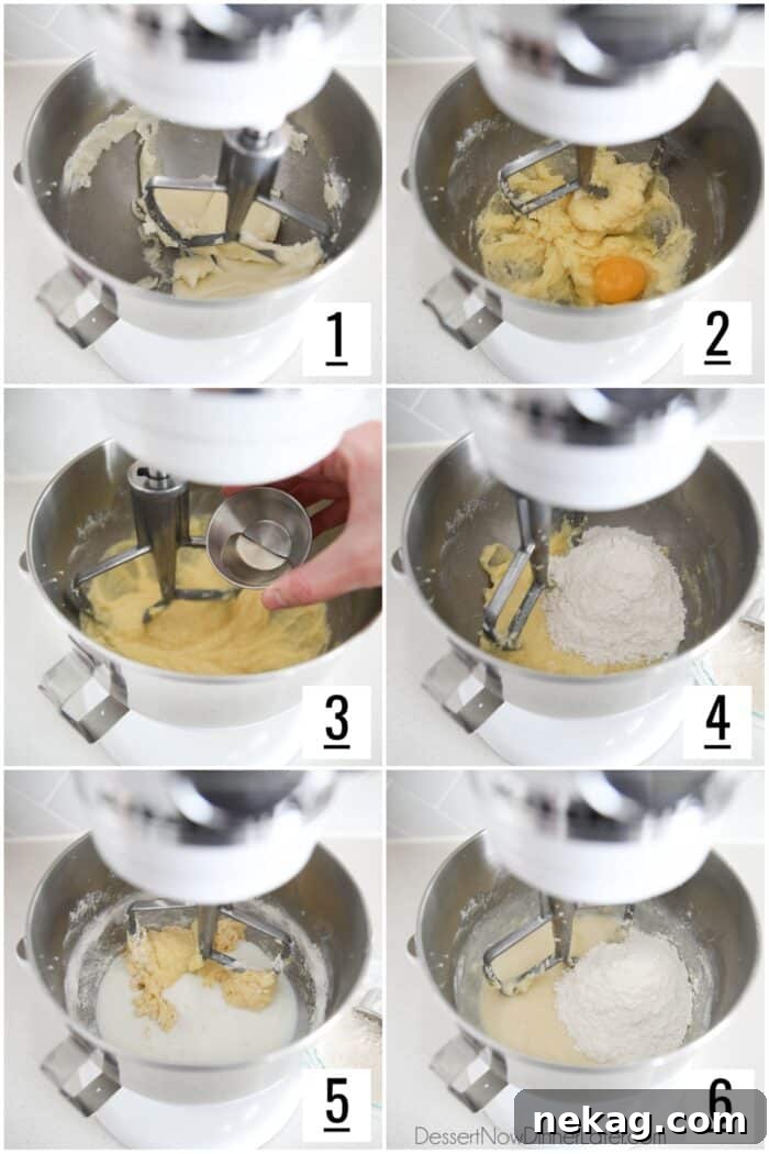A visual collage illustrating six key steps in the process of making a delicious blueberry crumble cake.