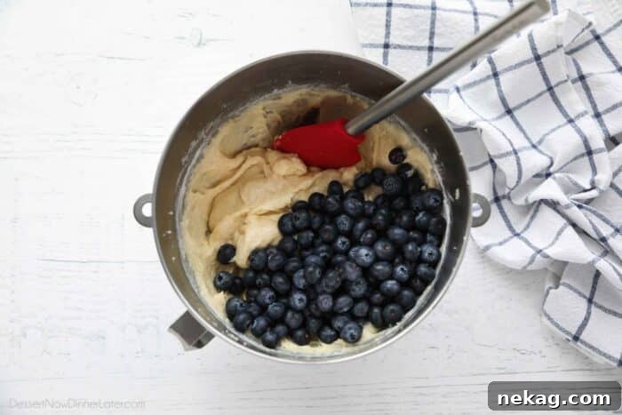 Fresh blueberries being gently folded into the luscious cake batter, ensuring even distribution.